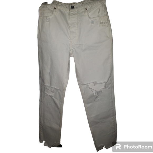 We Free People Tapered Baggy Boyfriend Jeans Chalk White Distres - Picture 4 of 11